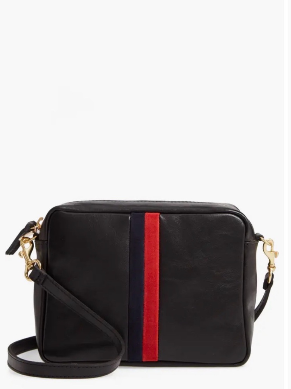 Clare V - Black Midi Sac - Leather Crossbody Bag with Red & Navy Stripe